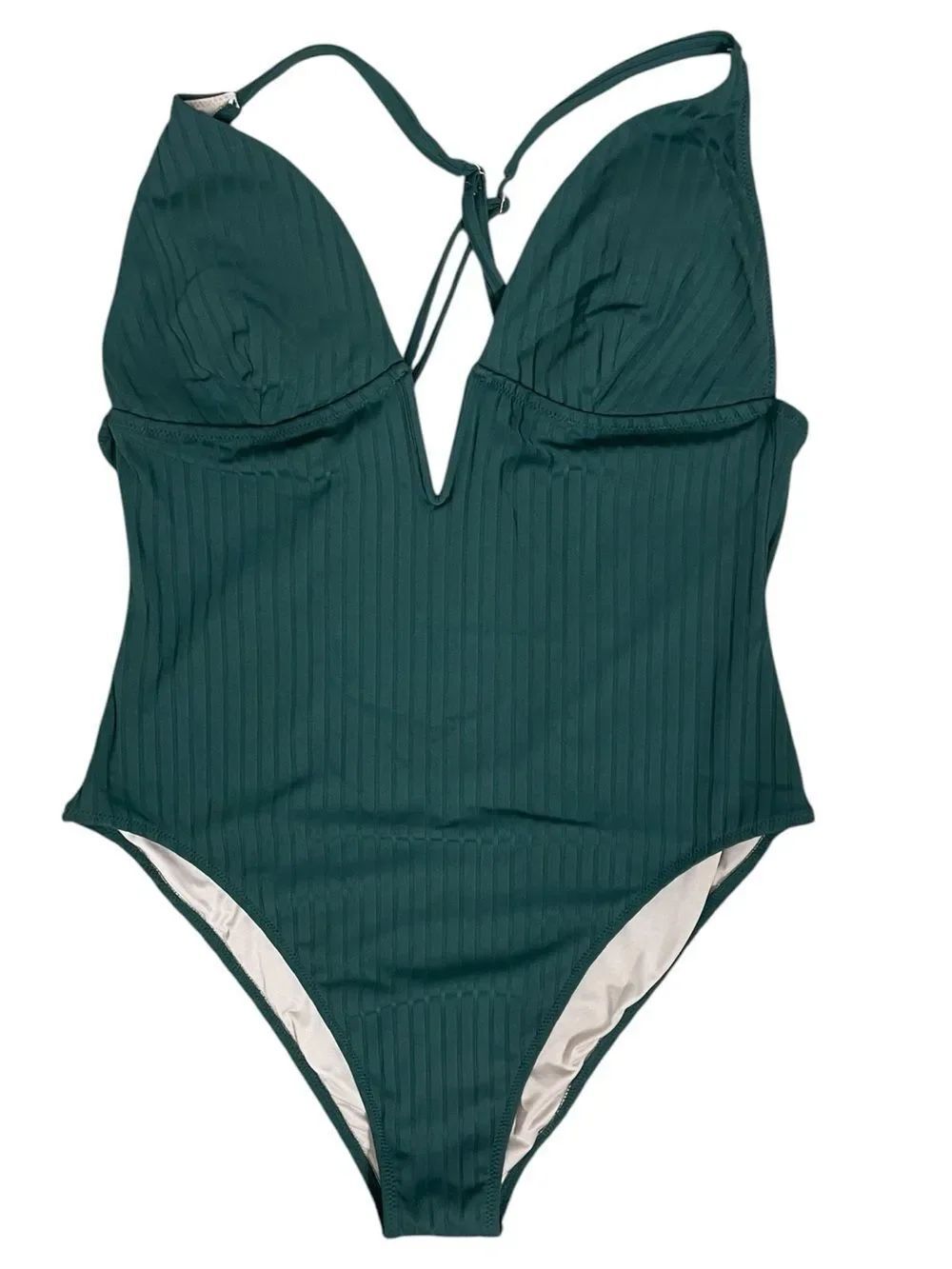 Shade & Shore Green Ribbed One Piece Swimsuit XL Plunge Open Back